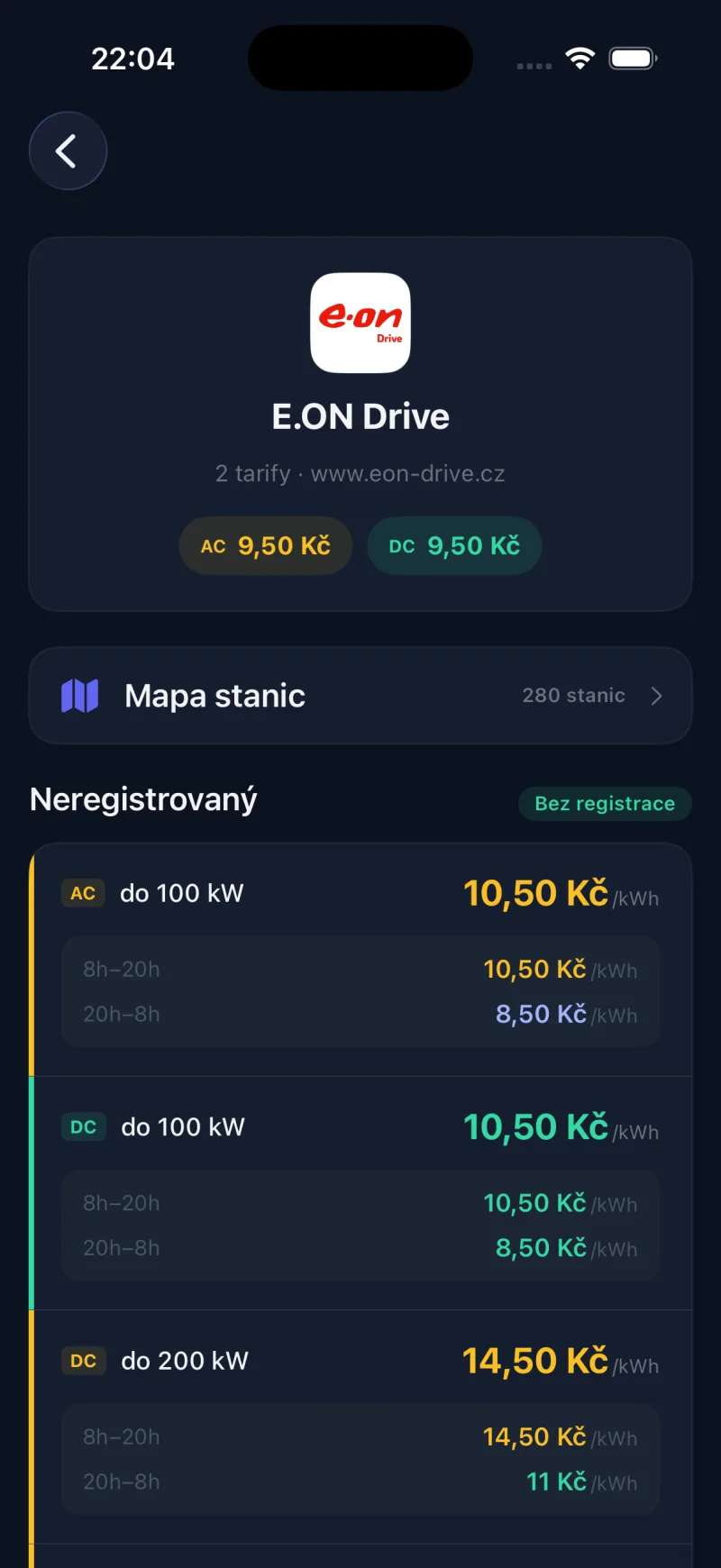 Detail poskytovatele E.ON Drive v aplikaci Zapwise s rozpadem AC a DC sazeb podle výkonu a denní doby