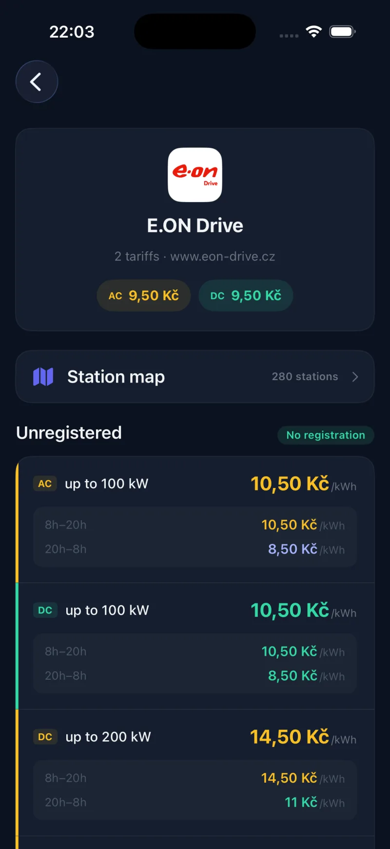 E.ON Drive provider detail in the Zapwise app with AC and DC rates broken down by power and time of day