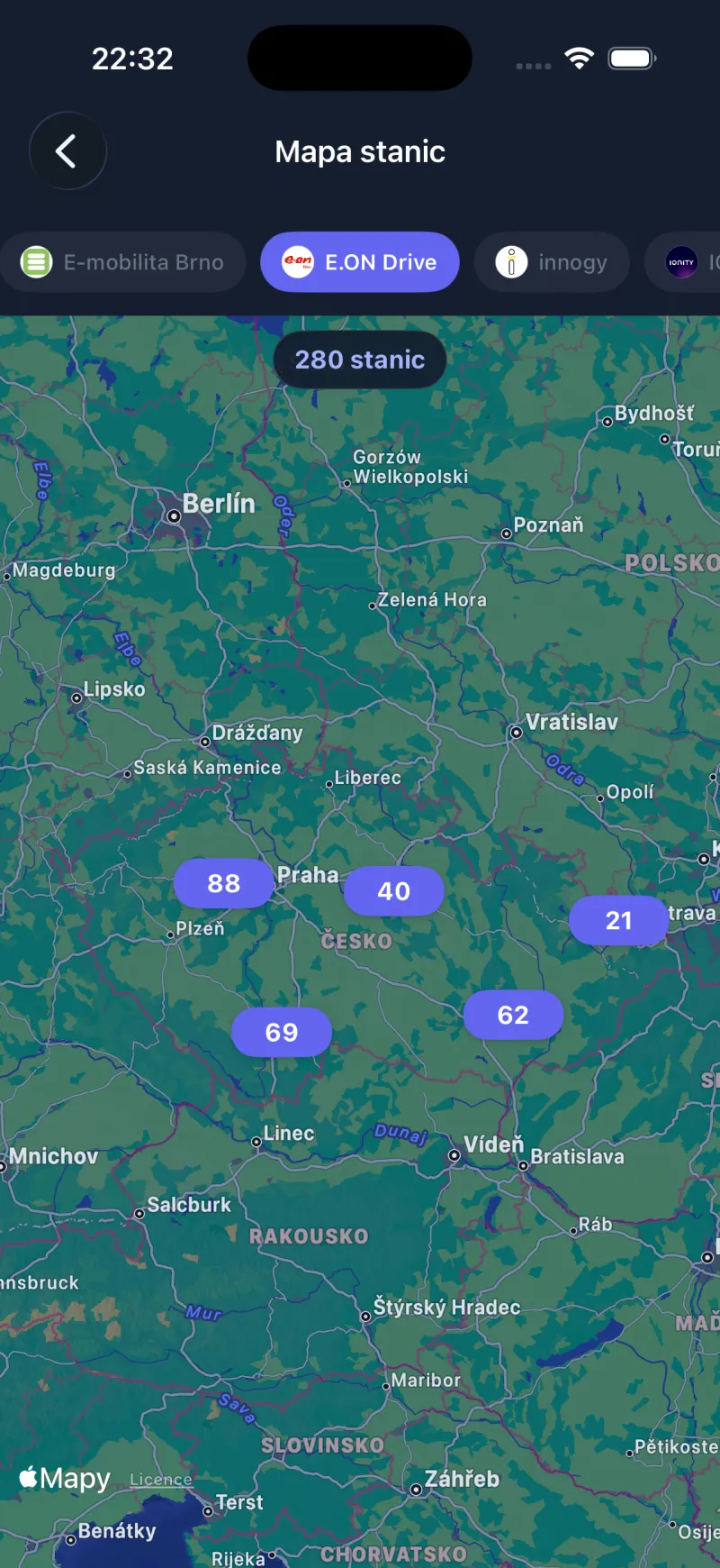 Mapa nabíjecích stanic v aplikaci Zapwise v Česku