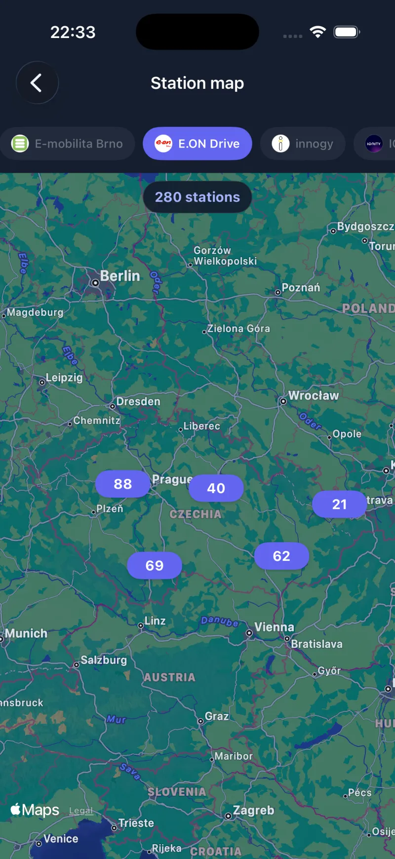 Map of charging stations in the Zapwise app in Czechia